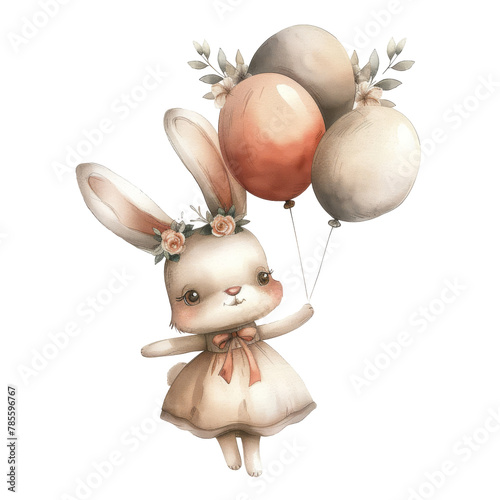 A fluffy white Easter bunny wears a white dress and is decorated with colorful balloons  toys and gifts. It symbolizes the joy and magic of the holiday season.