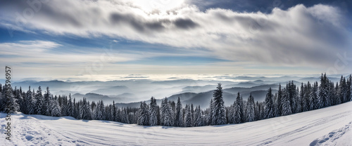  Stunning panorama of snowy landscape in winter in Black Forest - winter wonderland, beautiful snow magic