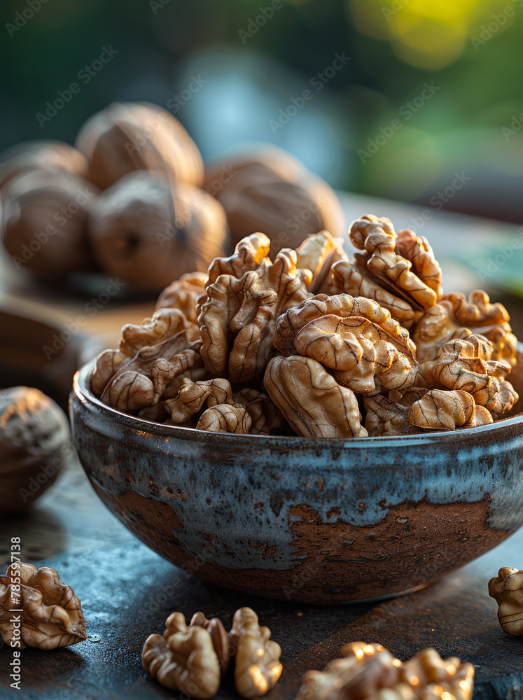 Walnuts in bowl on dark background Walnuts in bowl on dark background