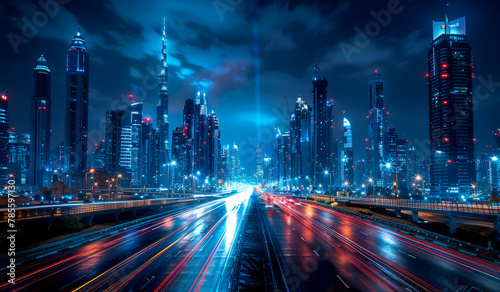 Dubai Downtown skyline at night with illuminated skyscrapers and traffic on the road long exposure