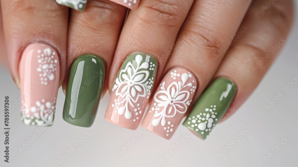 Elegant Olive and Pink Floral Nail Art Generative AI