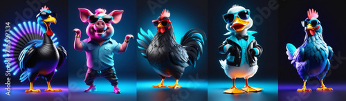 Anthropomorphic realistic turkey, hen, rooster, duck, pig in sunglasses and fancy costumes dancing in neon lighting. Collage illustrations on dark background, horizontal postcard orientation photo