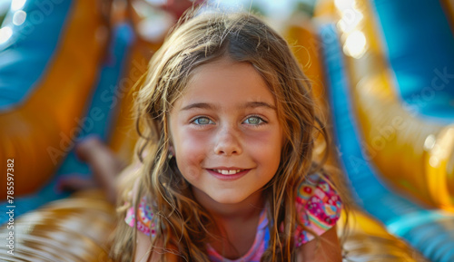 Fotografia Portrait of beautiful little girl with blue eyes on children's slide