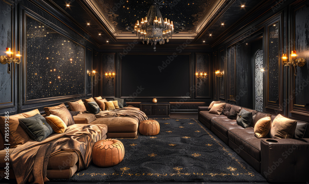Interior design of small home theater with black walls and ceiling, there is one wall in the back panel with LED screen,