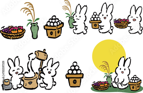 お月見を楽しむうさぎとお供え物のイラストセット