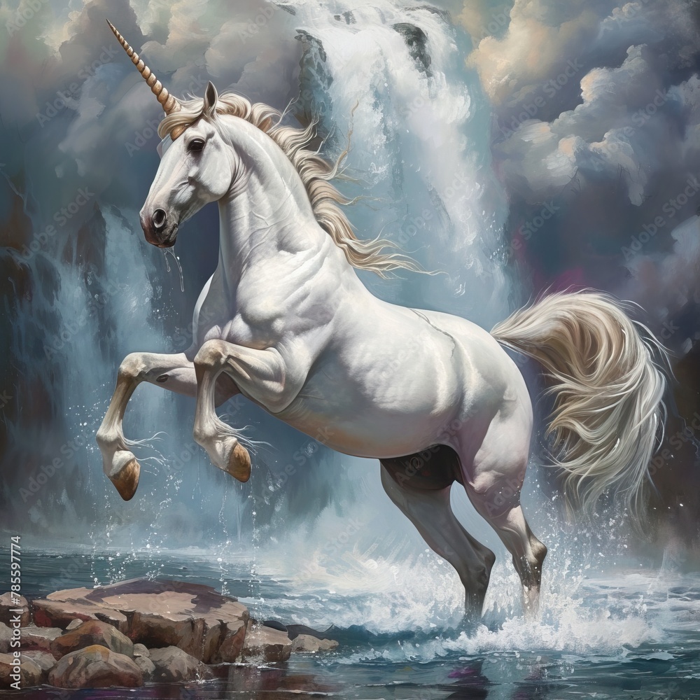 A Majestic Unicorn in Front of a Powerful Waterfall