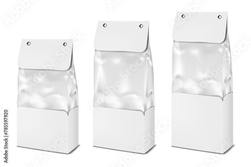 Box-shaped blank white paper bag with clear plastic pouch inside. Vector mock-up set. Carton package with transparent window mockup. Template for design