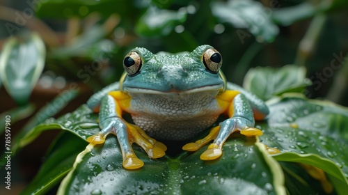   A tight shot of a frog perched on a verdant leaf  dotted with water droplets clinging to its legs  against a backdrop of lush green