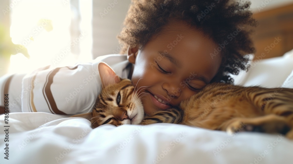 A little girl tenderly hugs her kitten and lies on the bed in the morning in a bright bedroom. Friendship concept between child and pet, copy space for text
A little girl tenderly hugs her kitten and lies on the bed in the morning in a bright bedroom. Friendship concept between child and pet, copy space for text