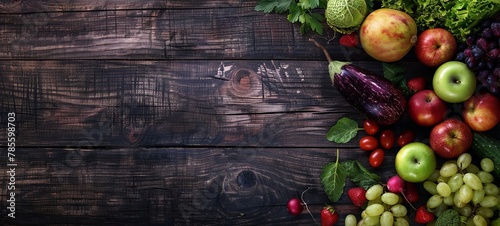 Fruits and vegetables on a wooden background. Food background. View from above. place for your text. generative ai