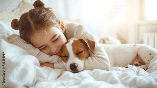 A little girl tenderly hugs her puppy and lies on the bed in a bright bedroom in the morning. Friendship concept between child and pet, copy space for text 