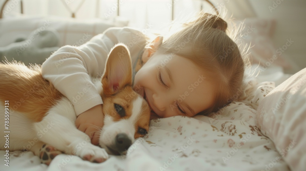 A little girl tenderly hugs her puppy and lies on the bed in a bright bedroom in the morning. Friendship concept between child and pet, copy space for text
A little girl tenderly hugs her puppy and lies on the bed in a bright bedroom in the morning. Friendship concept between child and pet, copy space for text
