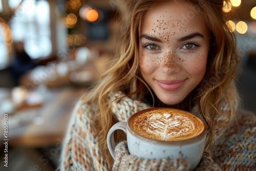 A smiling woman with freckles is holding a coffee mug  with coffee art visible on top