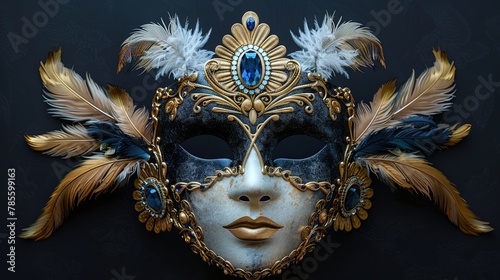 A stunning masquerade mask adorned with intricate patterns and delicate feathers, evoking an aura