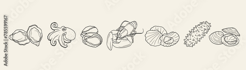 Line art seafood collection. Outline drawing