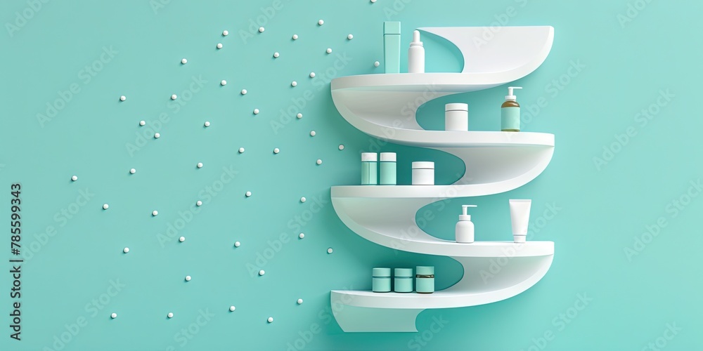 A DNA double helix shaped shelf with shelves for medical supplies, on a blue background, in a 3D rendering, with a white color scheme A DNA double helix shaped shelf with shelves for medical supplies, on a blue background, in a 3D rendering, with a white color scheme