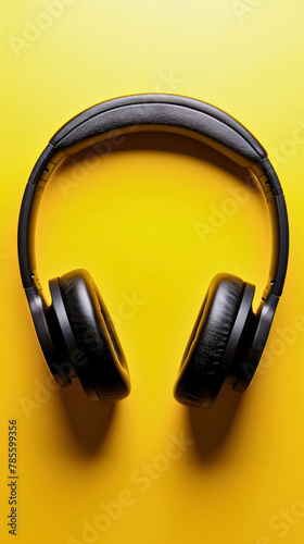 A pair of sleek black, modern wireless headphones rests on a crisp yellow background. 