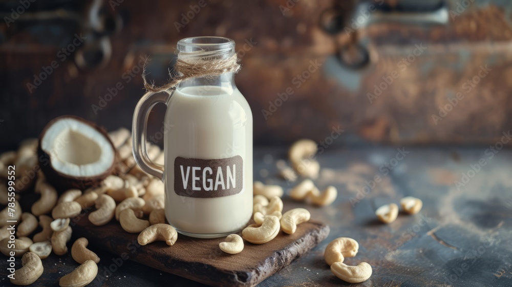 Vegan cashew milk in a glass jar among cashew nuts on a wooden table
Vegan cashew milk in a glass jar among cashew nuts on a wooden table