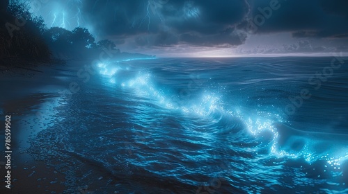 A dazzling display of bioluminescent waves illuminates the night along a secluded beac