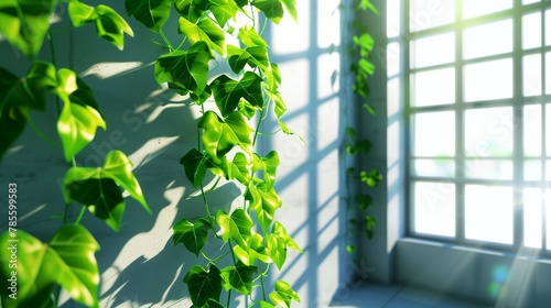 A lush green vine creeps up a stark wall  soft shadows from sunlight through large windows.