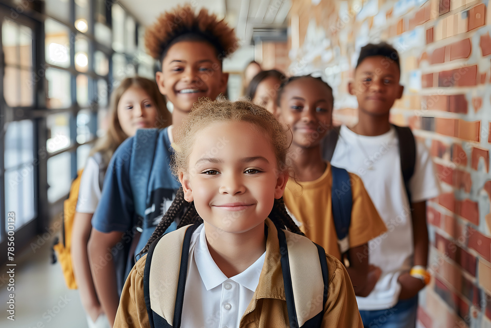 Fototapeta premium Portrait of group of multiethnic schoolchildren with smile at school