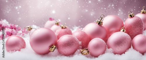 pink christmas balls on snow snowflakes - Christmas winter background banner long