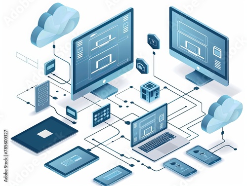 Visualizing cloud storage communication within a home or work network, this isometric illustration features a computer, laptop, tablet, and smartphone seamlessly interacting © Elshad Karimov