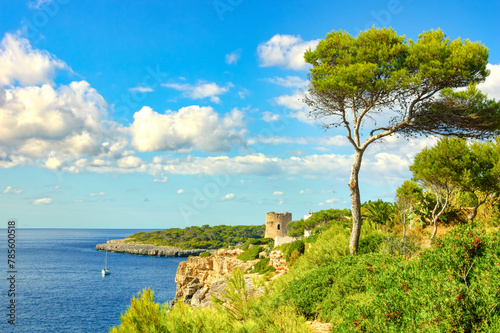 Coastal landscape in Mallorca with pine trees and old watchtower