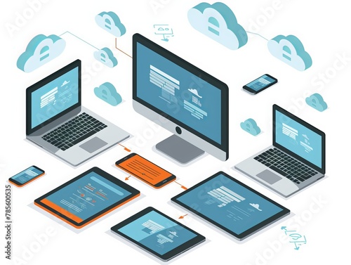 Visualizing cloud storage communication within a home or work network, this isometric illustration features a computer, laptop, tablet, and smartphone seamlessly interacting
