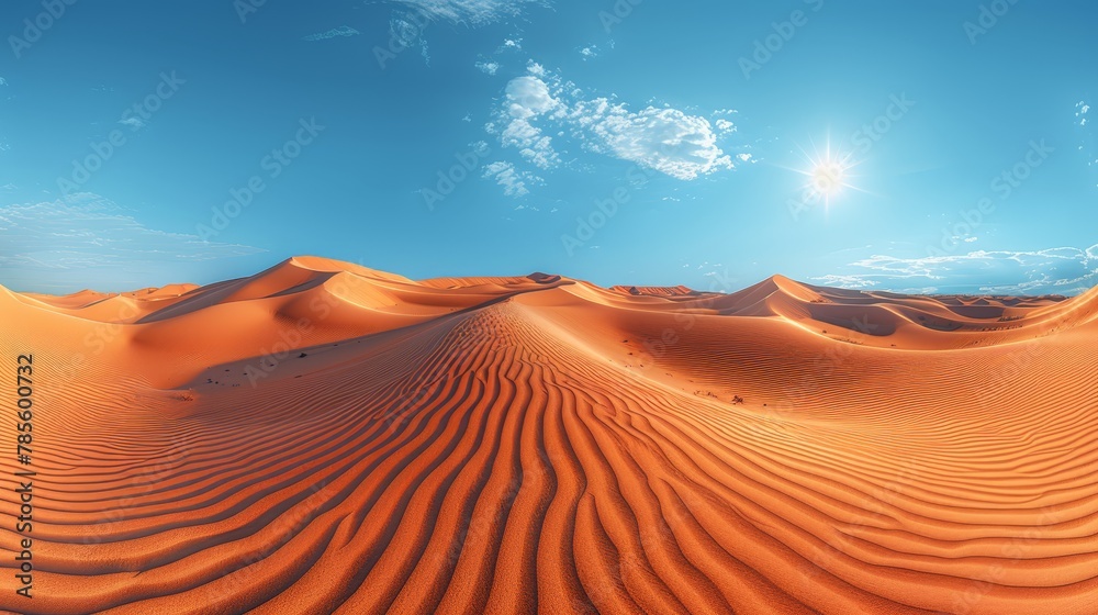   A desert scene with a vivid blue sky and scattered clouds above sandy dunes