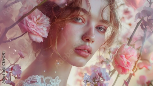 Close-up portrait of a young woman with a dreamy expression, surrounded by beautiful soft pink flowers. Perfect for themes of beauty, nature, and tranquility.