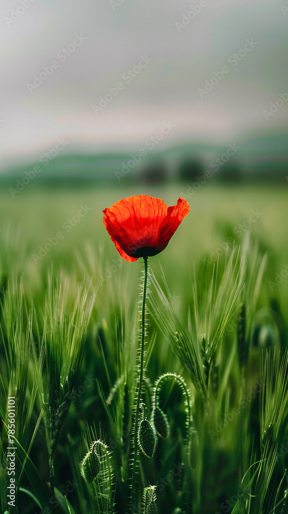 A single red poppy blooms amidst a field of green grass, symbolizing remembrance day.
A single red poppy blooms amidst a field of green grass, symbolizing remembrance day.