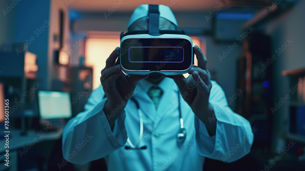 A medical professional, a doctor wearing virtual glasses, explores the potential of virtual reality in healthcare. Modern latest technologies in the treatment and prevention of diseases A medical professional, a doctor wearing virtual glasses, explores the potential of virtual reality in healthcare. Modern latest technologies in the treatment and prevention of diseases