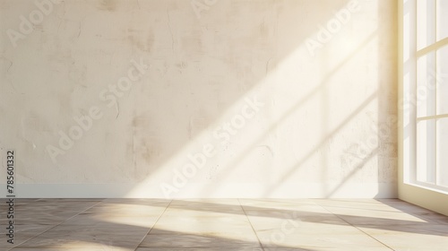 Natural light floods a minimalist office  accentuating a blank wall.