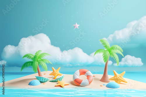 Summer beach island background in cartoon 3d style.