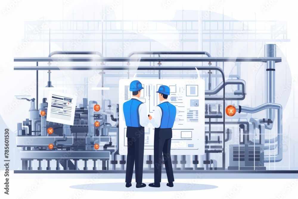 Obraz premium Illustration of a work process in a workshop, an engineer and a worker solving production problems