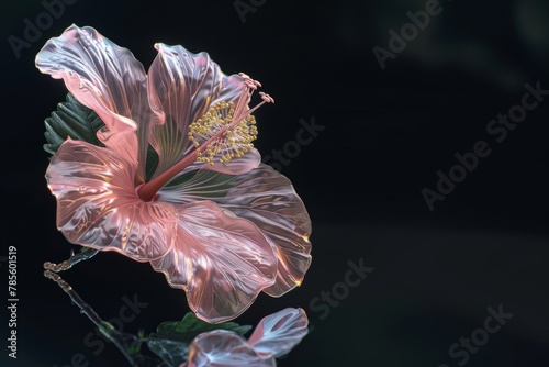 This close-up image features a beautifully illuminated pink hibiscus flower against a dark backdrop, highlighting the intricate details and vibrant colors of the bloom.