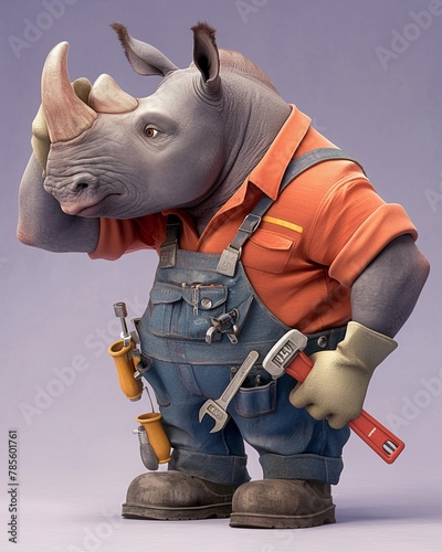 An endearing rhino plumber with a pipe wrench, radiating professionalism and charm on a light purple canvas , stock photographic style