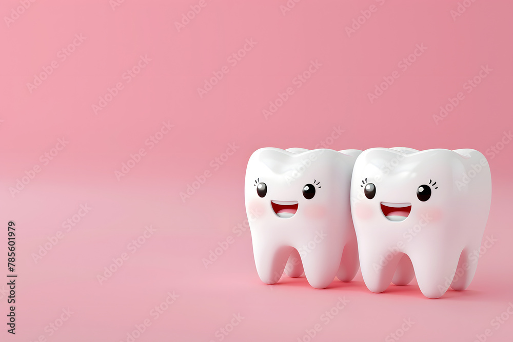 Cute 3D cartoon tooth character on background with Space for text. Dental health. Cute 3D cartoon tooth character on background with Space for text. Dental health.