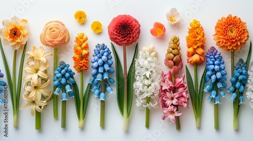   A collection of vibrant flowers - orange, yellow, pink, and blue - situated on a pristine white background Their stems, predominantly green, support their colorful blooms