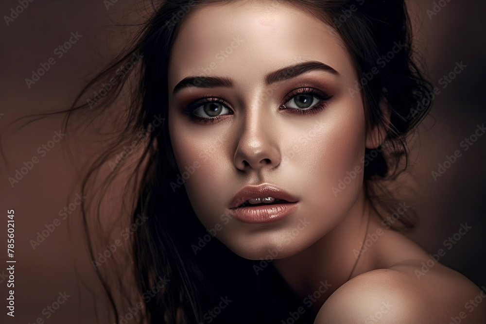 A woman with dark hair and brown eyes is wearing makeup. She has a serious expression on her face