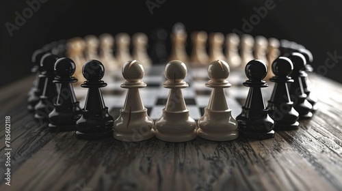A group of chess pieces are arranged in a circle on a wooden table