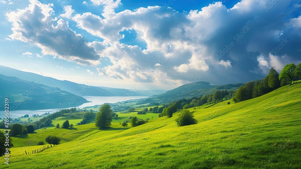 Breathtaking landscape of green hills under a vast blue sky