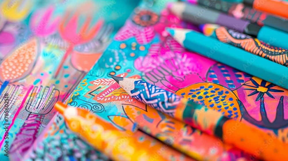 Fototapeta premium A colorful piece of art with a peacock and a flower