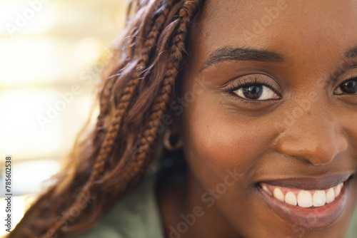 African American young woman with braided hair is smiling at home photo