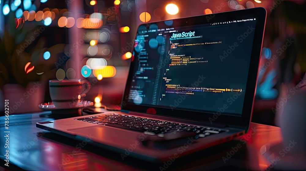 Java inscription against a laptop and code background.