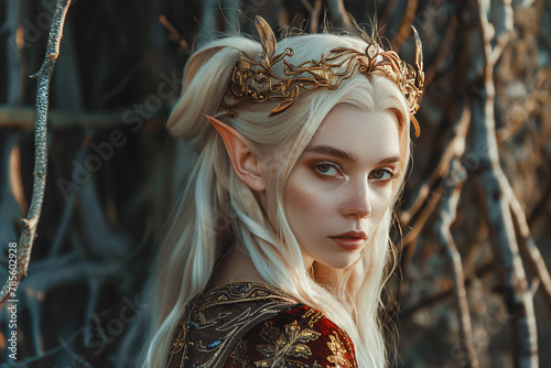 Beautiful young elf womanwith elven ears and golden crown photo