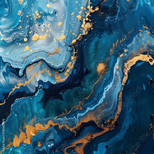 Oceanic Dreams - Captivating Abstract ART Background with Liquid Acrylic and Gold Powder Technique, Aerial View of Blue Golden Island