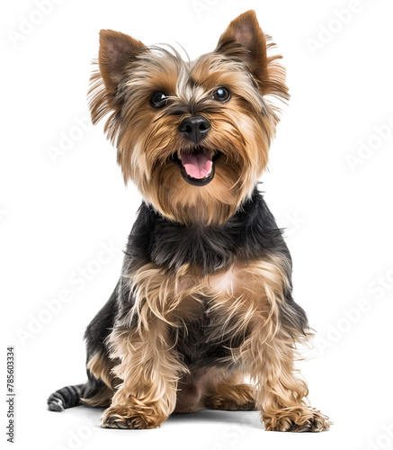 Cute yorkshire terrier dog with tongue out on isolated background