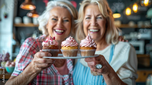Portrait of two happy adult women holding cupcakes on plates. Close-up of hands holding cupcakes. Concept of food, relaxation.